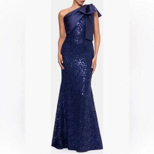 Betsy and Adam Navy Blue Bow Embroidered Sequin Sleeveless Gown